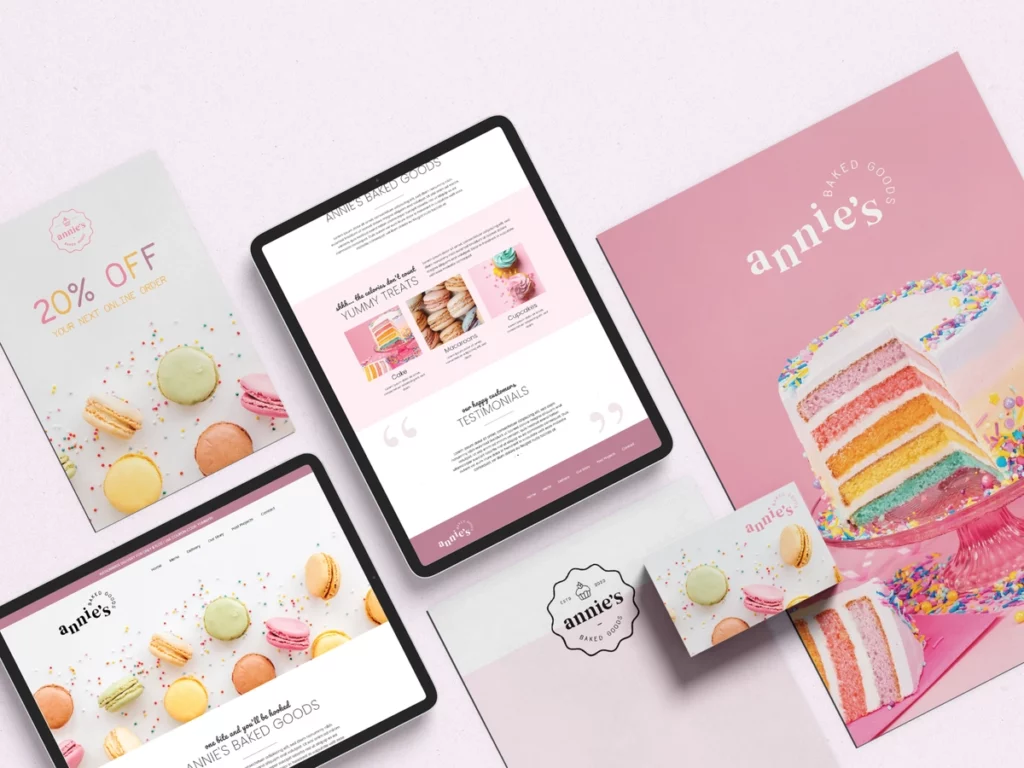 Mockup of printed material and website design for a bakery