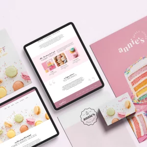 Mockup of printed material and website design for a bakery